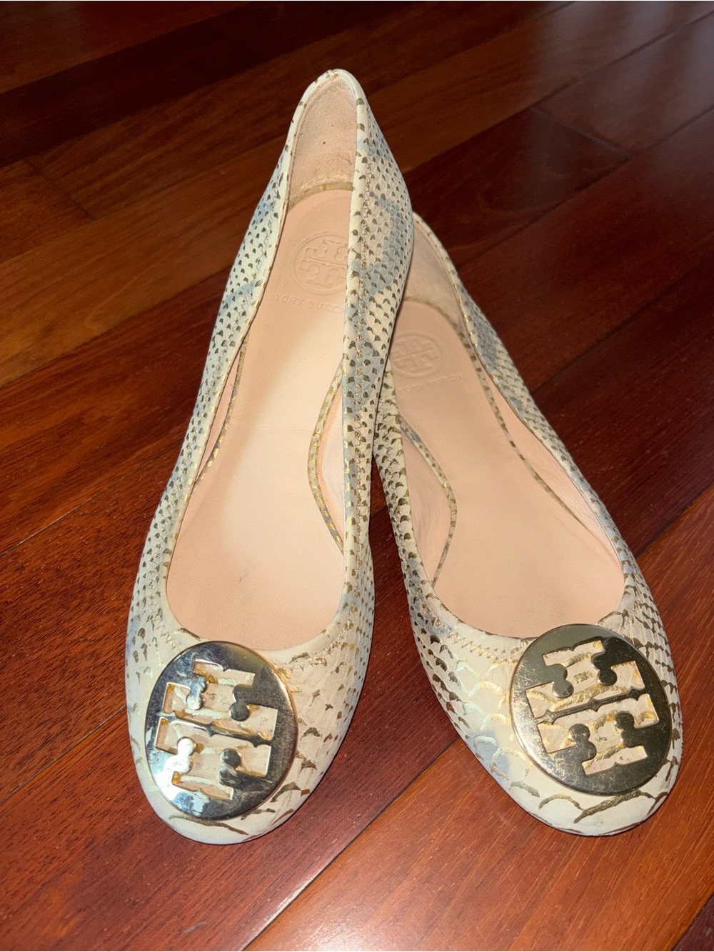 Tory Burch Cream Snakeskin-Embossed Ballet Flats with Gold Logo
